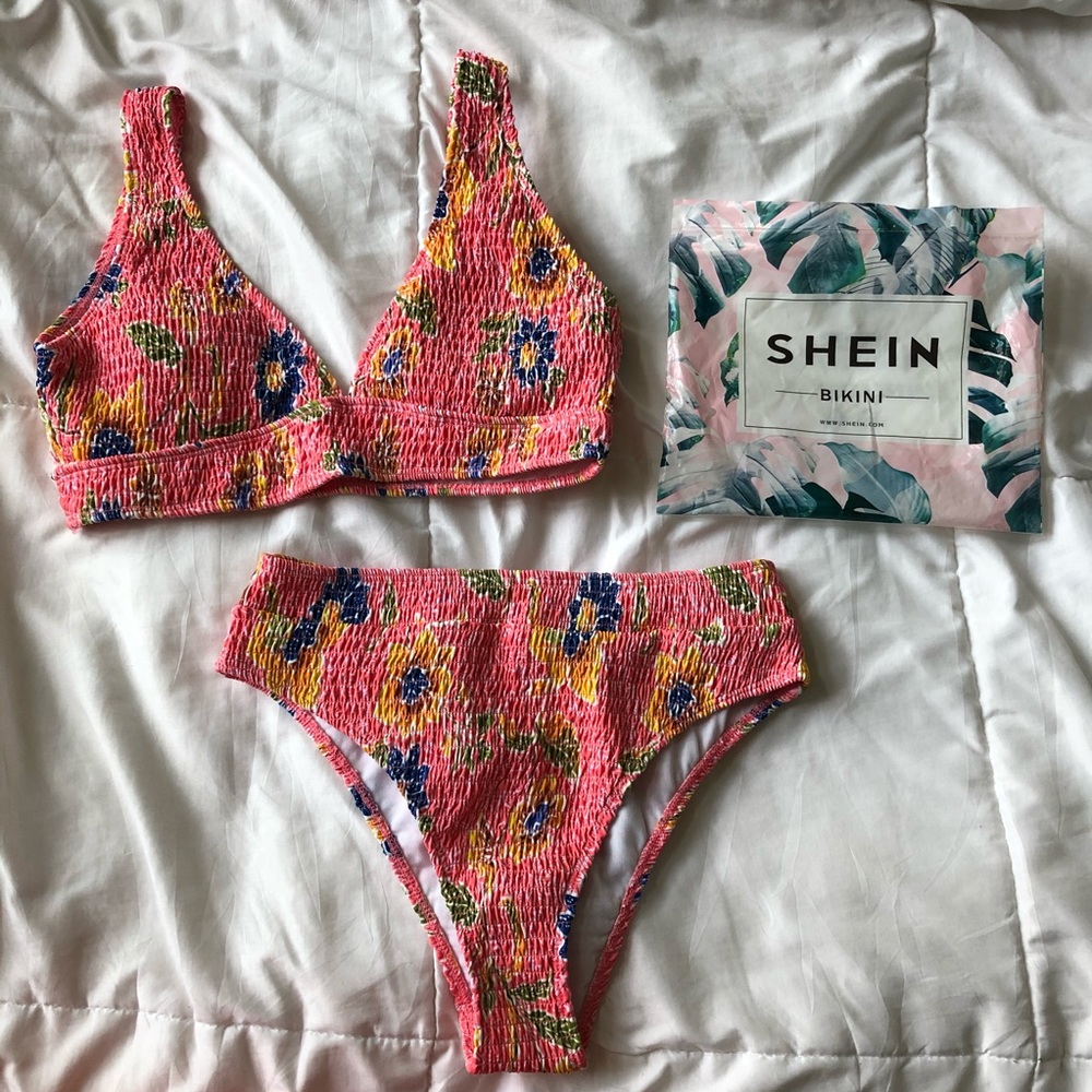 SHEIN Floral Smocked High Waisted Bikini- M